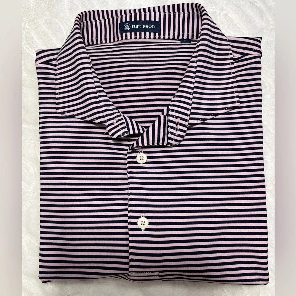 TURTLESON Golf Polo Shirt Mens Large Pink Black Stripe Performance Stretch